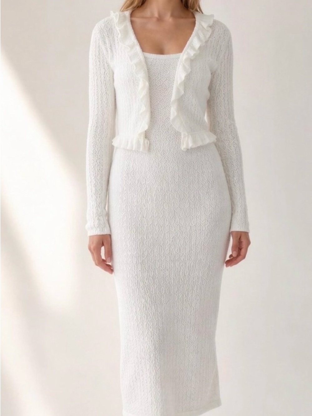 Willow & Wind Elegant White Knit Midi Dress with Ruffle Cardigan